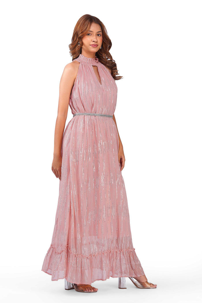Blush Pink Silver Lurex High Neck Ruffle Sleeveless Occasion Dress