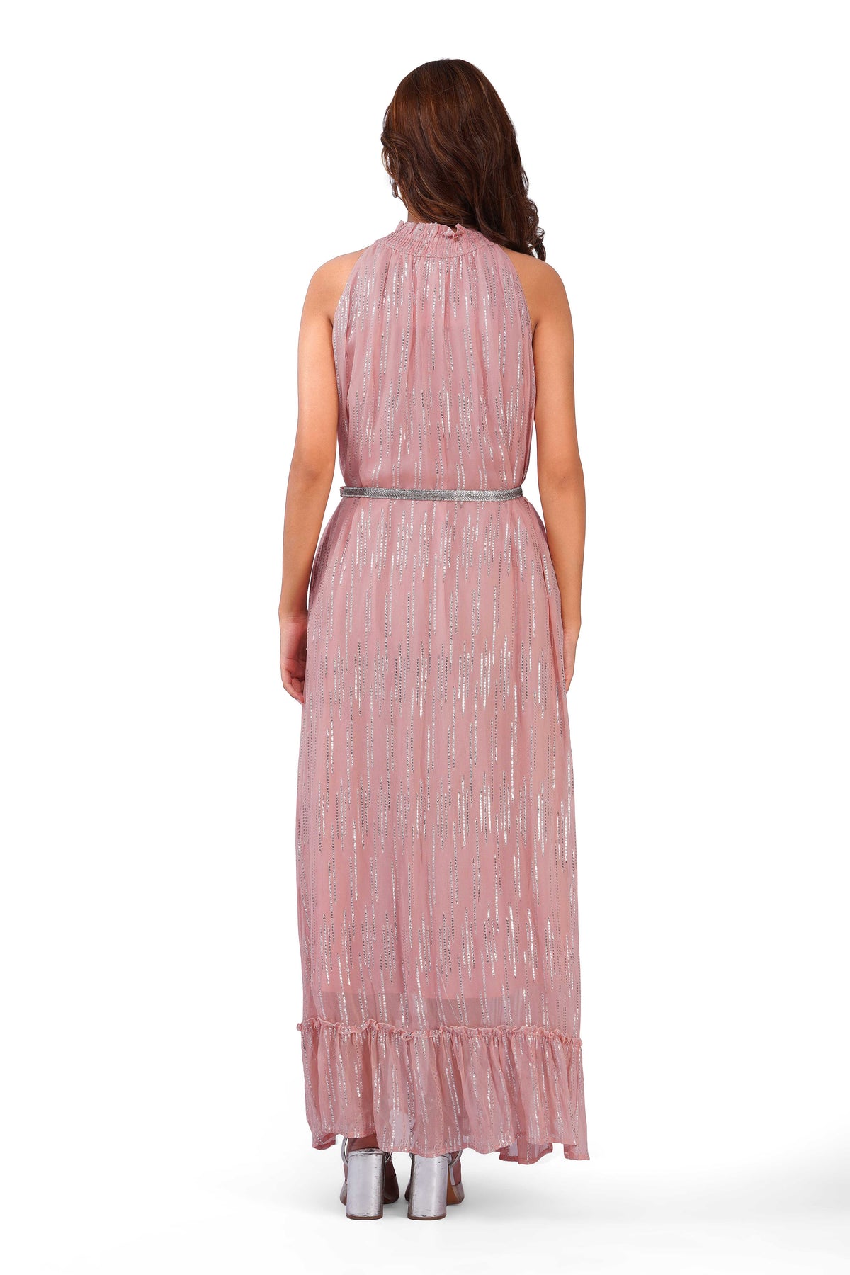 Blush Pink Silver Lurex High Neck Ruffle Sleeveless Occasion Dress