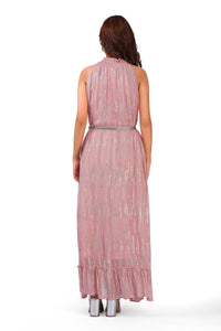 Blush Pink Silver Lurex High Neck Ruffle Sleeveless Occasion Dress
