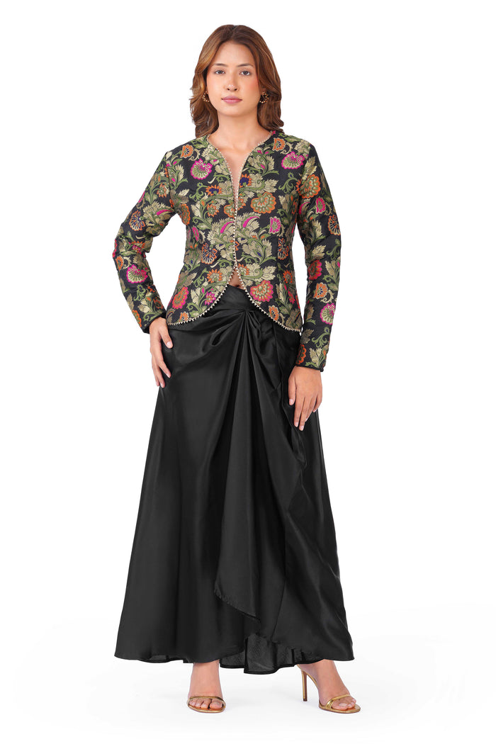 Black Floral Brocade Jacket & Draped Skirt Co-Ord Set