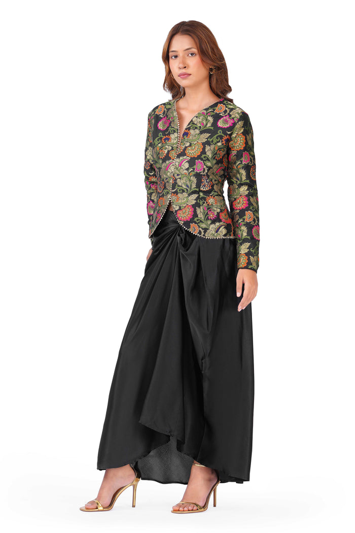 Black Floral Brocade Jacket & Draped Skirt Co-Ord Set