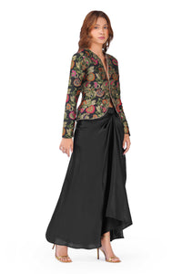 Black Floral Brocade Jacket & Draped Skirt Co-Ord Set