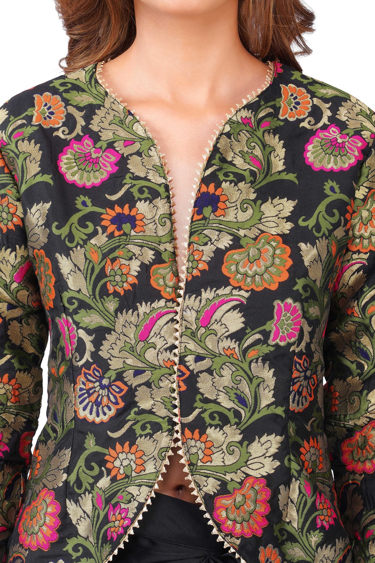 Black Floral Brocade Jacket & Draped Skirt Co-Ord Set