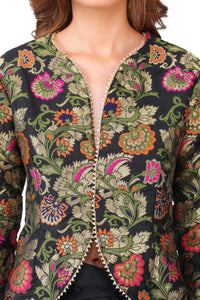 Black Floral Brocade Jacket & Draped Skirt Co-Ord Set