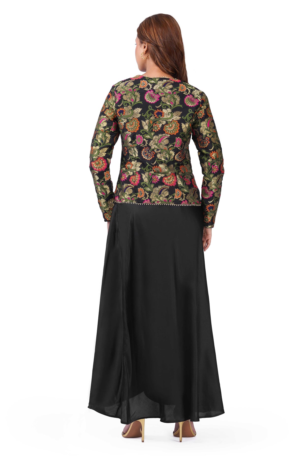 Black Floral Brocade Jacket & Draped Skirt Co-Ord Set
