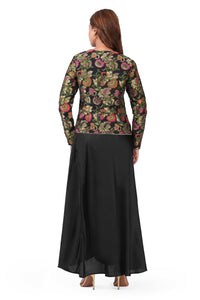 Black Floral Brocade Jacket & Draped Skirt Co-Ord Set