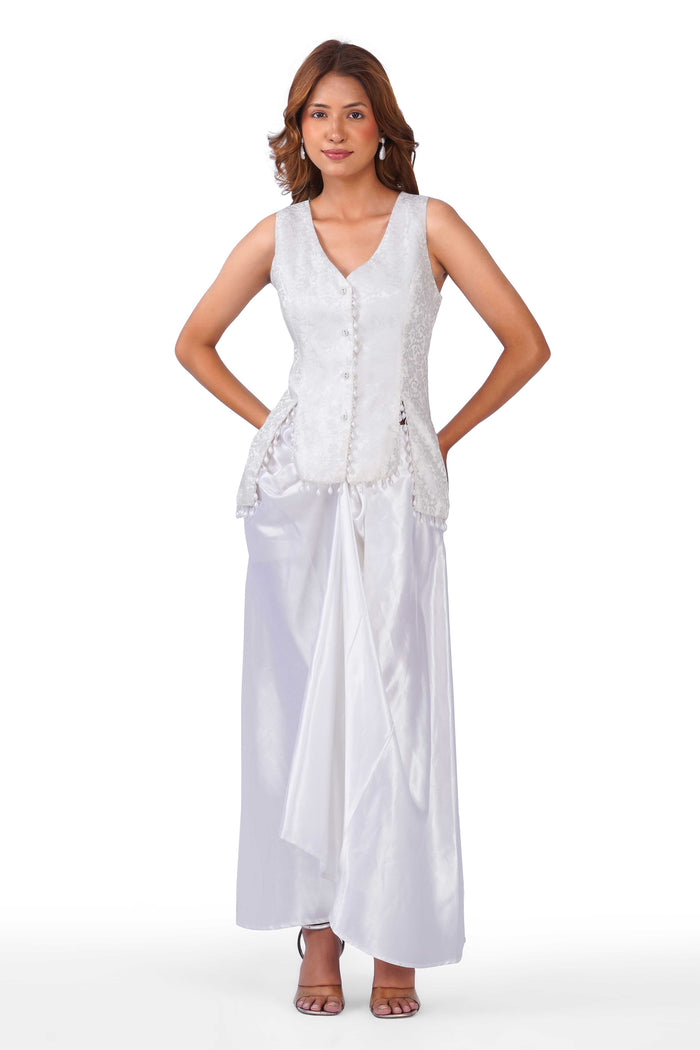 Pearl Grace White Brocade Waistcoat & Draped Skirt Co-Ord Set