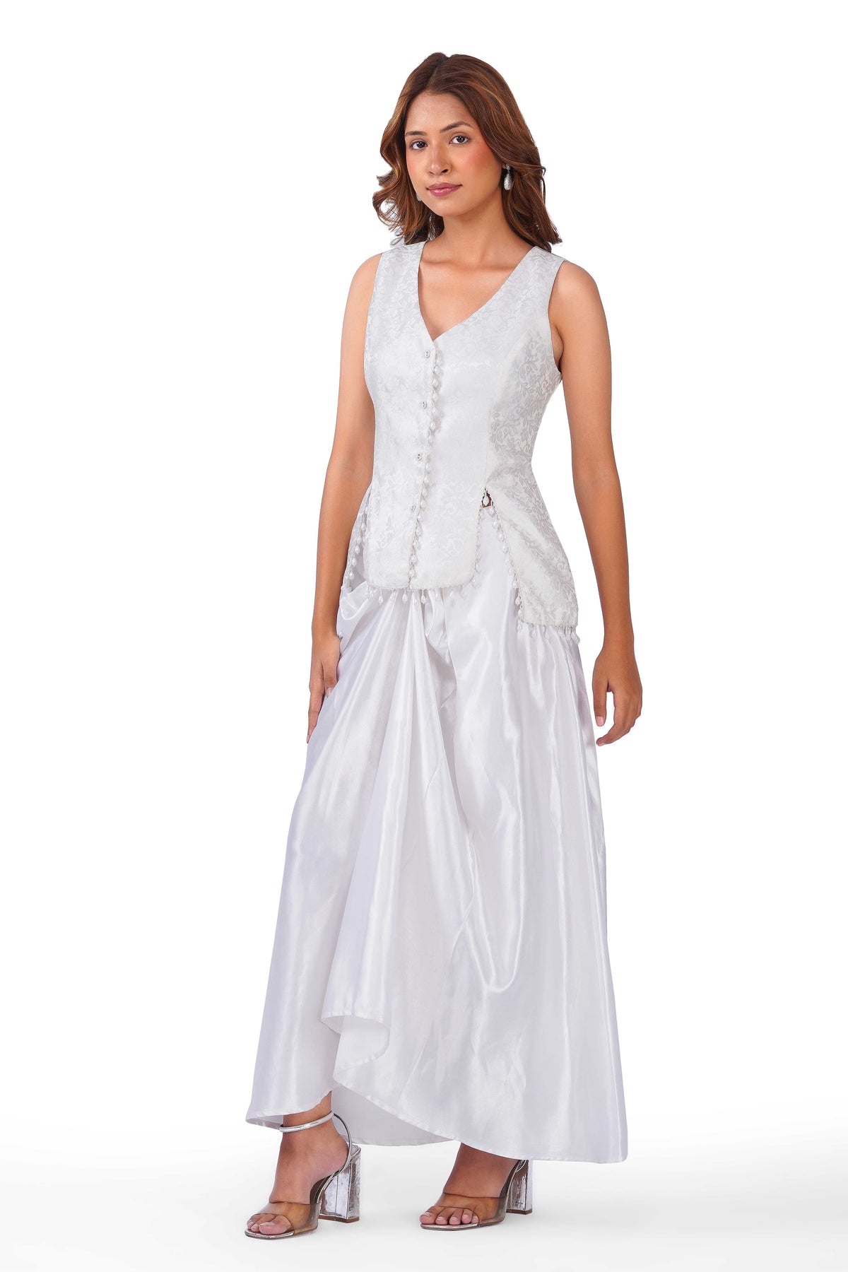 Pearl Grace White Brocade Waistcoat & Draped Skirt Co-Ord Set