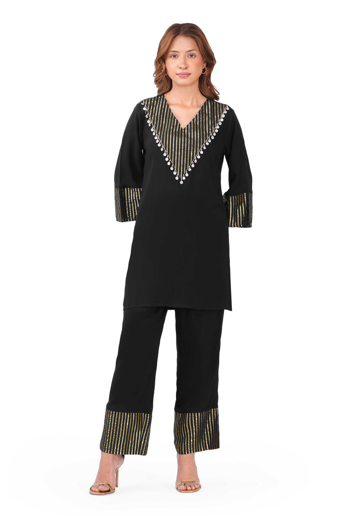 Black & Gold Embellished Top and Flared Pants Co-Ord Set