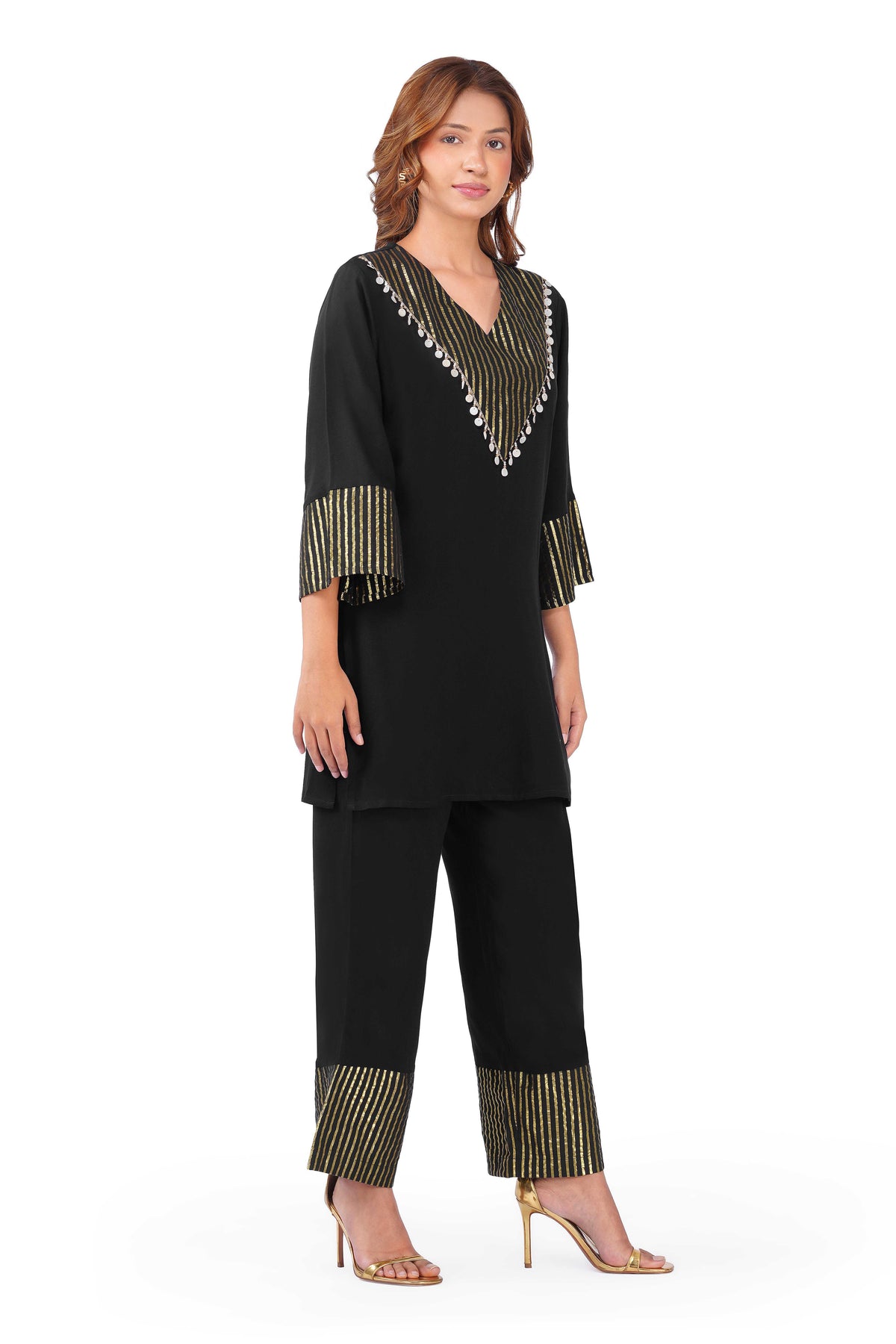 Black & Gold Embellished Top and Flared Pants Co-Ord Set