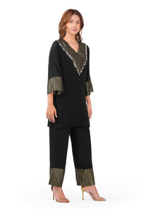 Black & Gold Embellished Top and Flared Pants Co-Ord Set