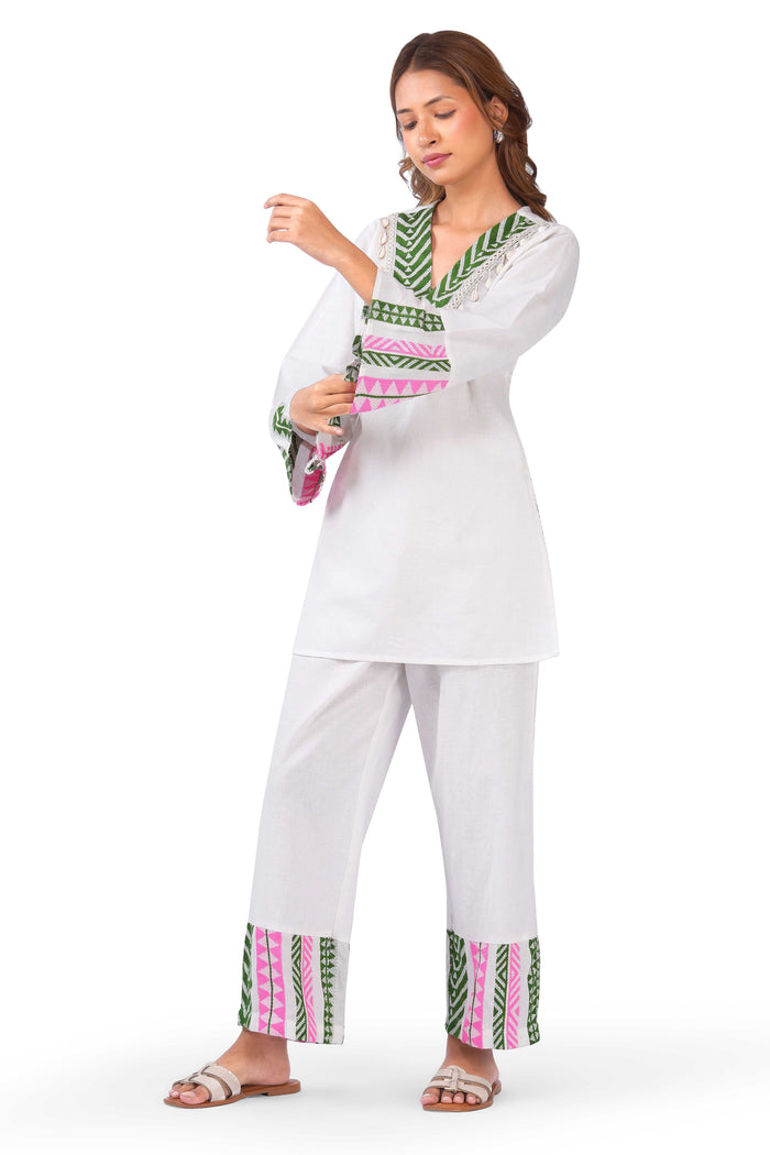 Willow Charm Co-Ord Set – White Printed Viscose Flex Two-Piece Set