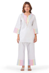 Pastel Multi-Striped White Viscose Co-ord Set with Shell Embellishments