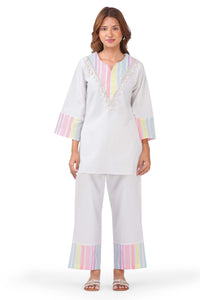 Pastel Multi-Striped White Viscose Co-ord Set with Shell Embellishments