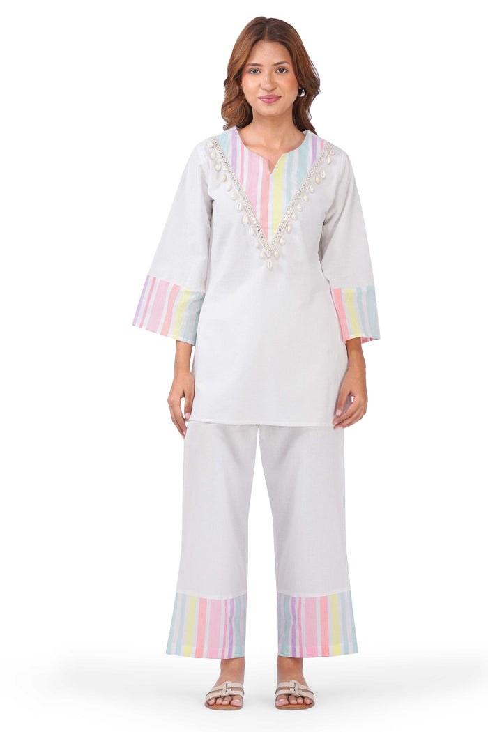 Pastel Multi-Striped White Viscose Co-ord Set with Shell Embellishments