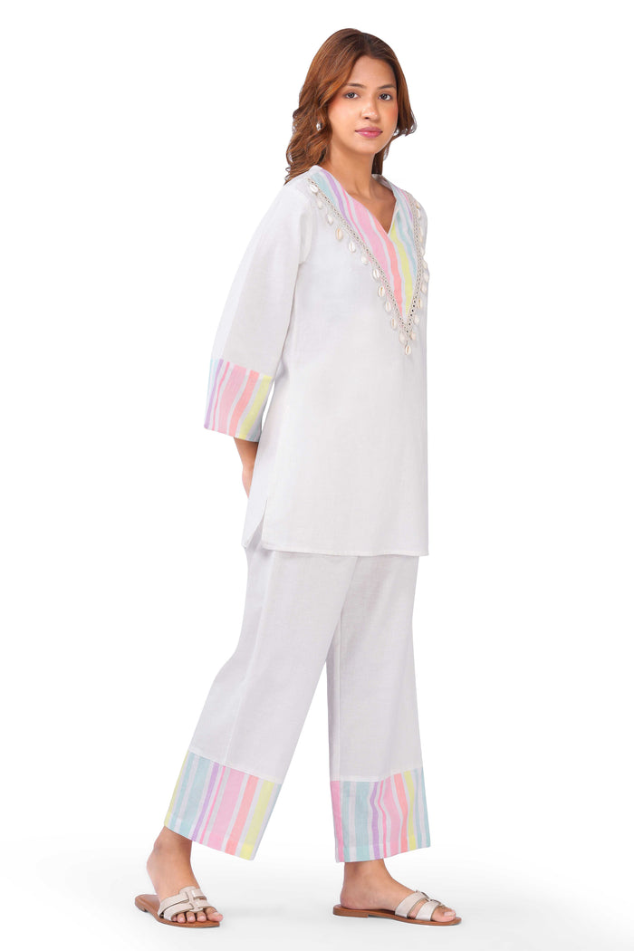 Pastel Multi-Striped White Viscose Co-ord Set with Shell Embellishments
