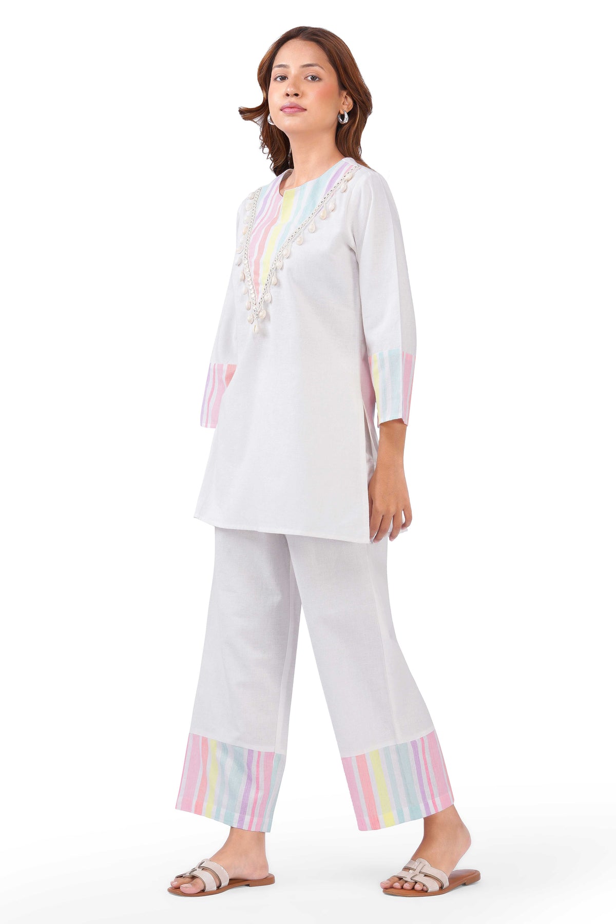 Pastel Multi-Striped White Viscose Co-ord Set with Shell Embellishments