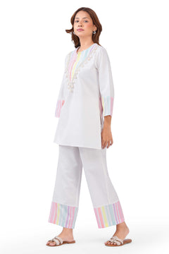 Pastel Multi-Striped White Viscose Co-ord Set with Shell Embellishments