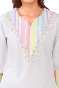Pastel Multi-Striped White Viscose Co-ord Set with Shell Embellishments