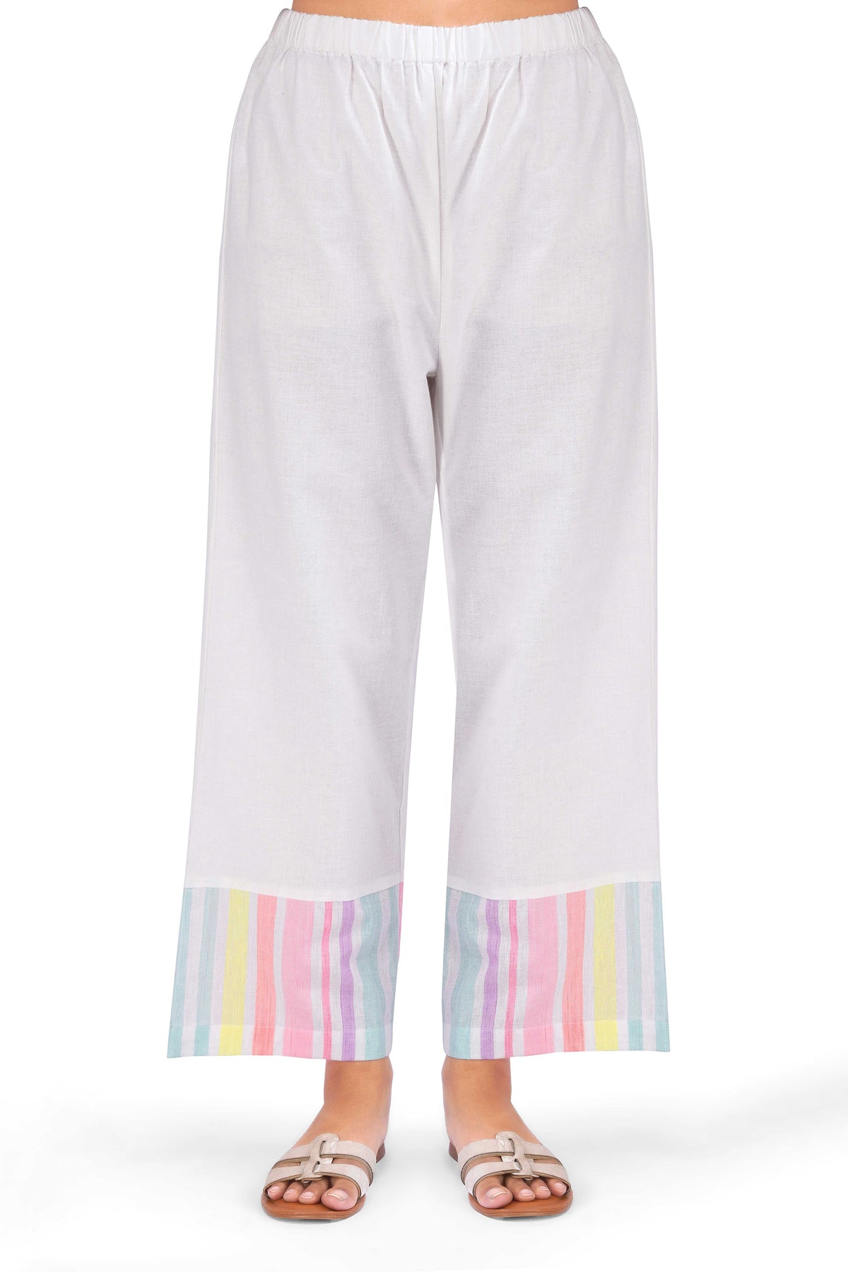 Pastel Multi-Striped White Viscose Co-ord Set with Shell Embellishments