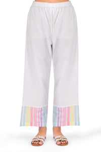 Pastel Multi-Striped White Viscose Co-ord Set with Shell Embellishments