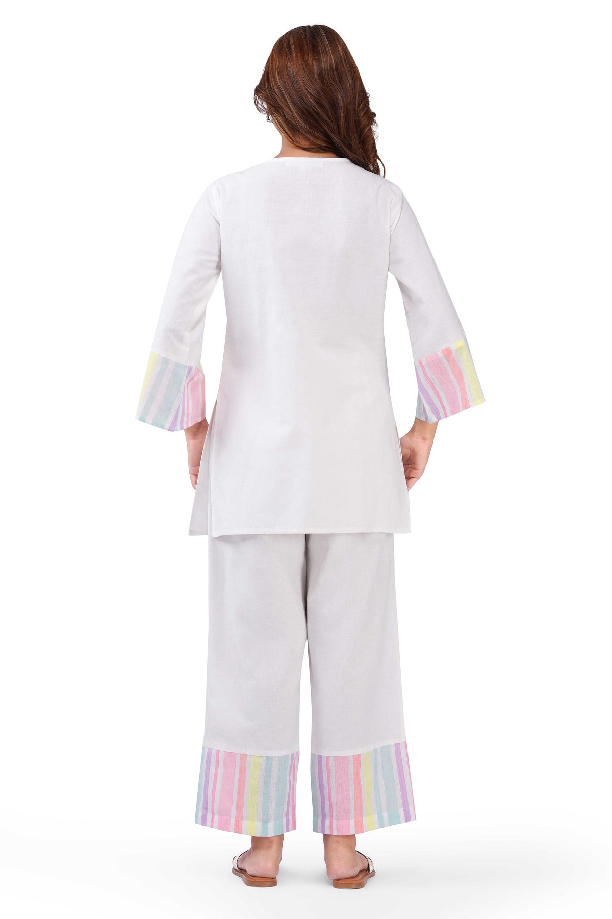 Pastel Multi-Striped White Viscose Co-ord Set with Shell Embellishments
