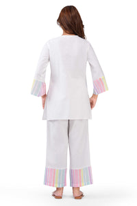 Pastel Multi-Striped White Viscose Co-ord Set with Shell Embellishments