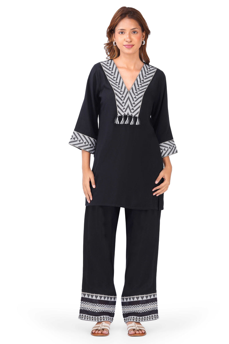Tribe Black Rayon Monochrome Co-ord Set with Woven Yoke & Tassels