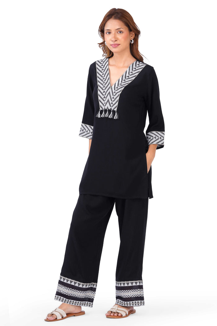 Tribe Black Rayon Monochrome Co-ord Set with Woven Yoke & Tassels