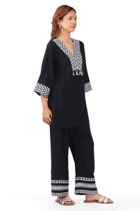 Tribe Black Rayon Monochrome Co-ord Set with Woven Yoke & Tassels