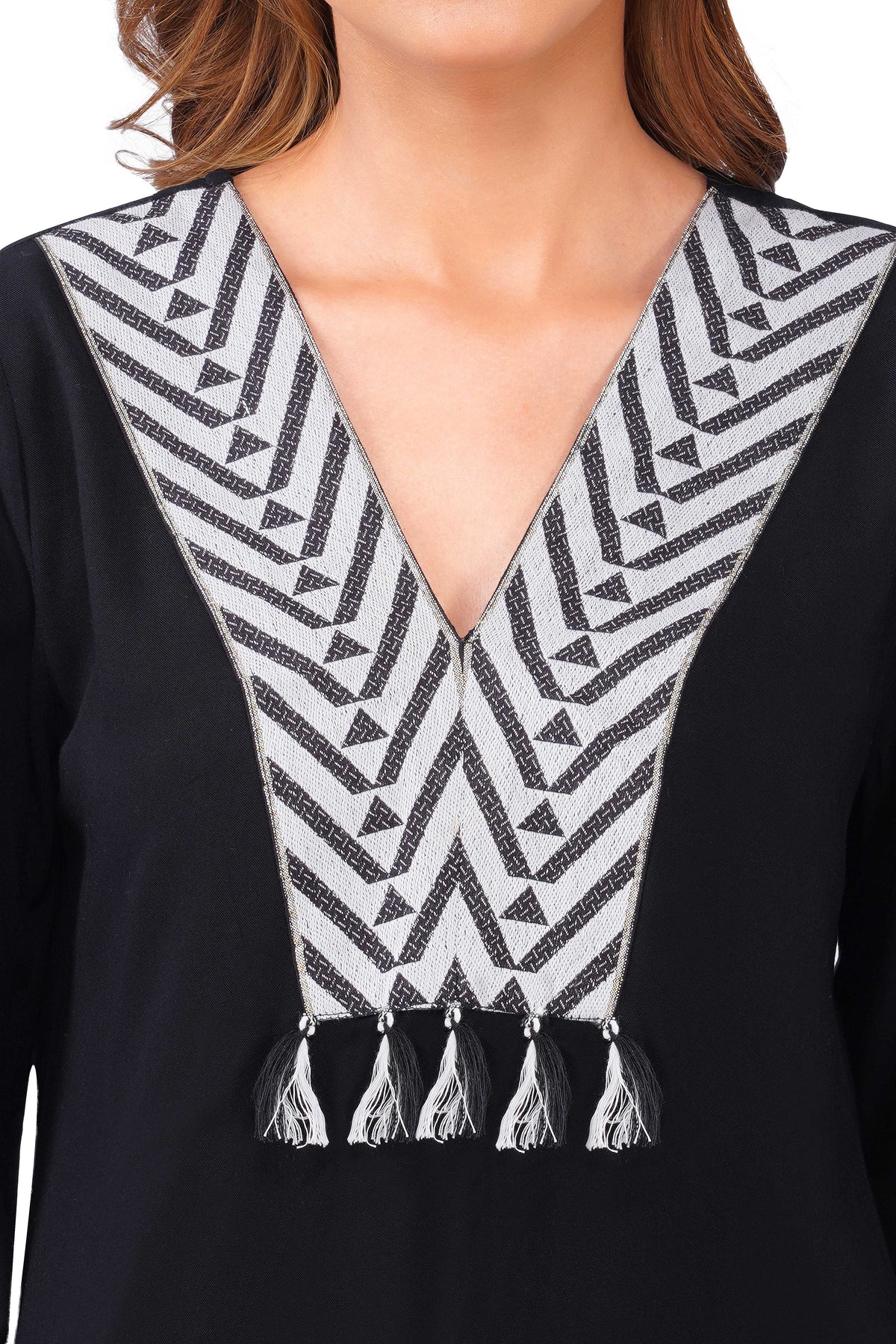Tribe Black Rayon Monochrome Co-ord Set with Woven Yoke & Tassels