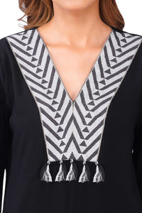 Tribe Black Rayon Monochrome Co-ord Set with Woven Yoke & Tassels