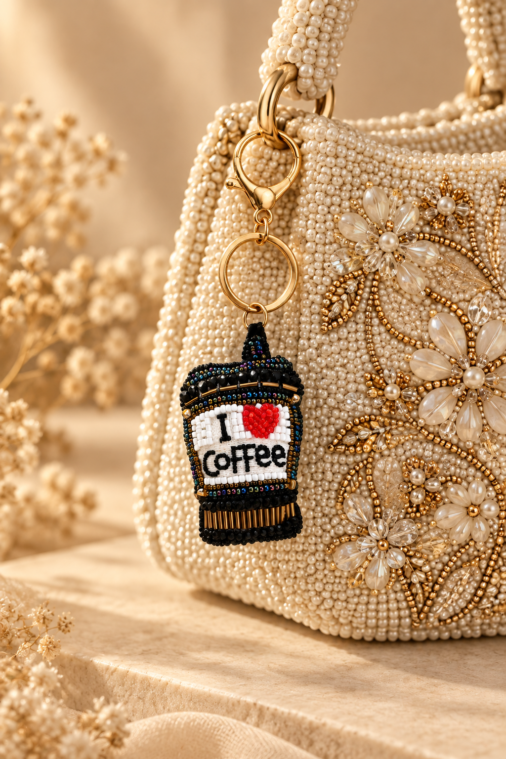 Black beaded I love coffee cup keychain with red heart on a stone tray