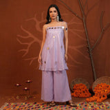 Chandni lilac mirror work kurti pant set with tie-up straps and wide-leg pants