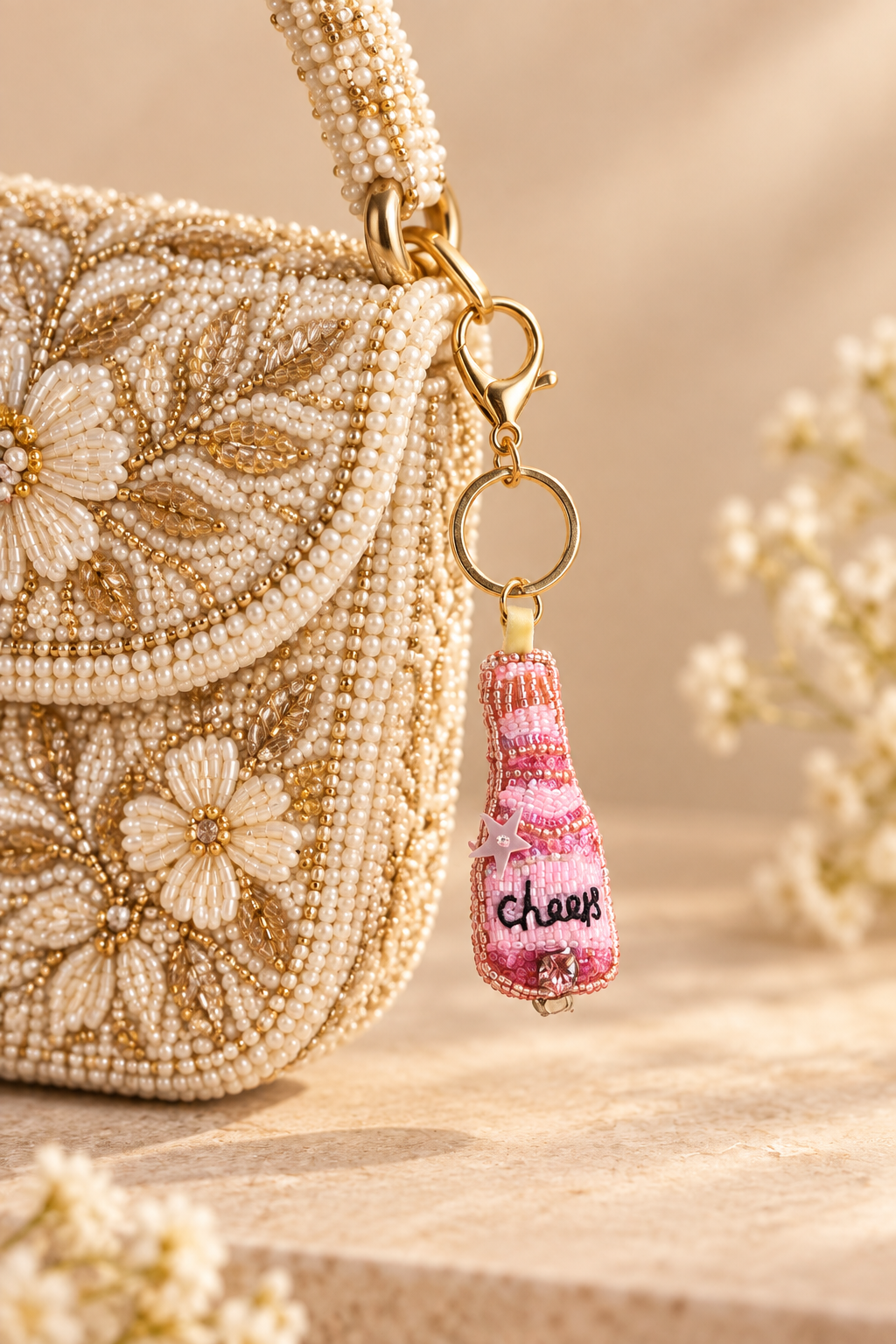Rose Cheers Beaded Bottle Keychain