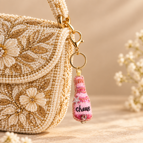 Rose Cheers Beaded Bottle Keychain