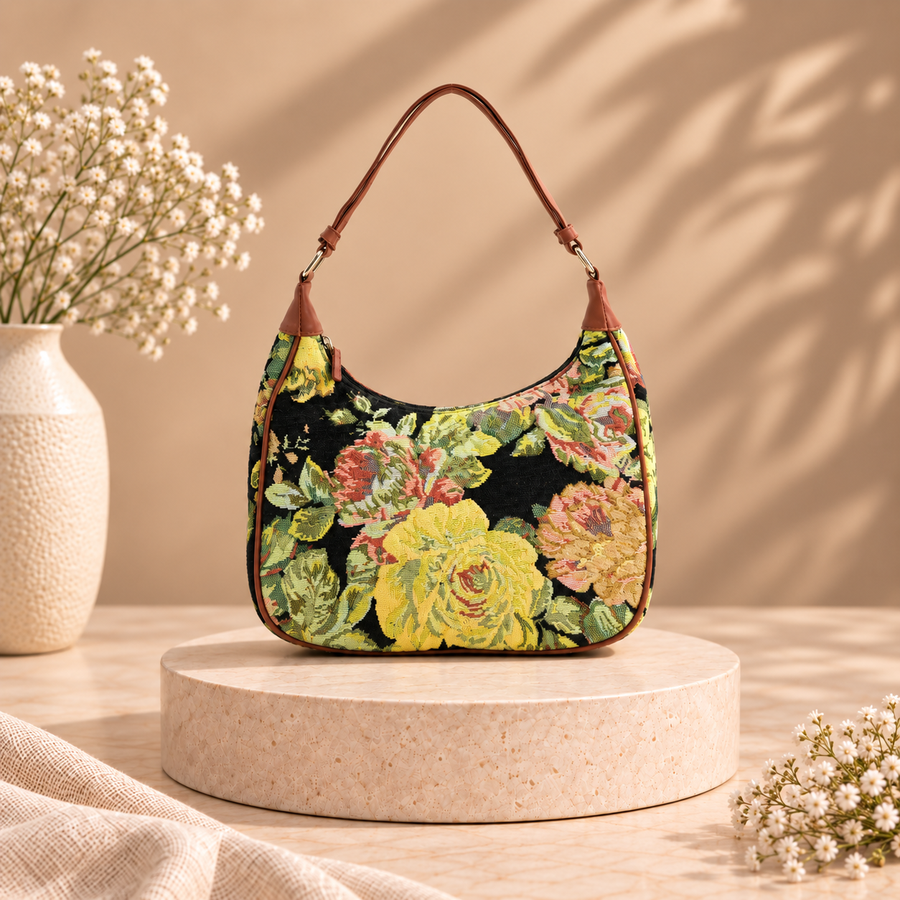 Floral Tapestry Shoulder Bag - Black