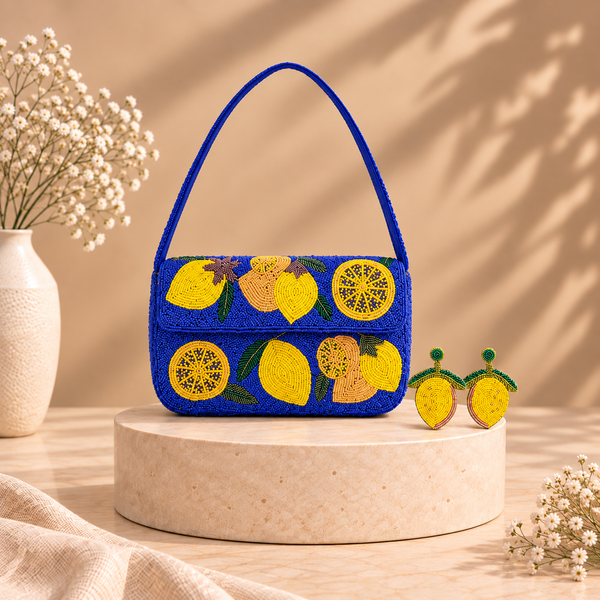Lemon Zest Fully Beaded Shoulder Bag with Earrings