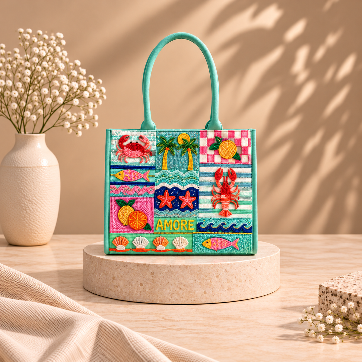 Coastal Charm Cotton Tote Bag with Ocean Theme Embroidery