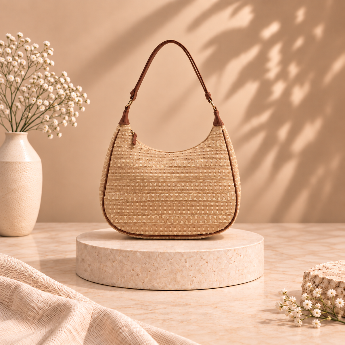Beige Woven Half Moon Shoulder Bag