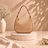 Beige Woven Half Moon Shoulder Bag