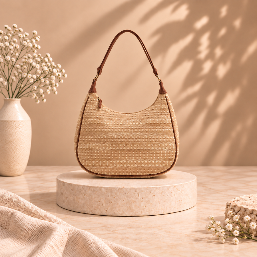 Beige Woven Half Moon Shoulder Bag