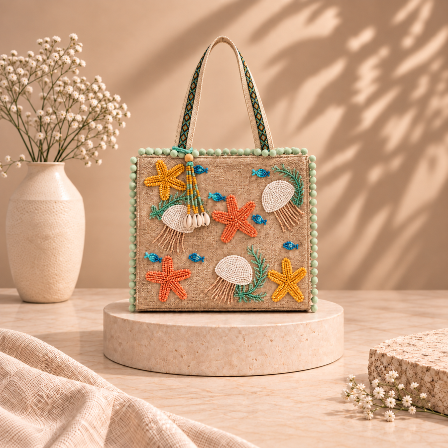 Ocean Reverie Beaded Tote Bag