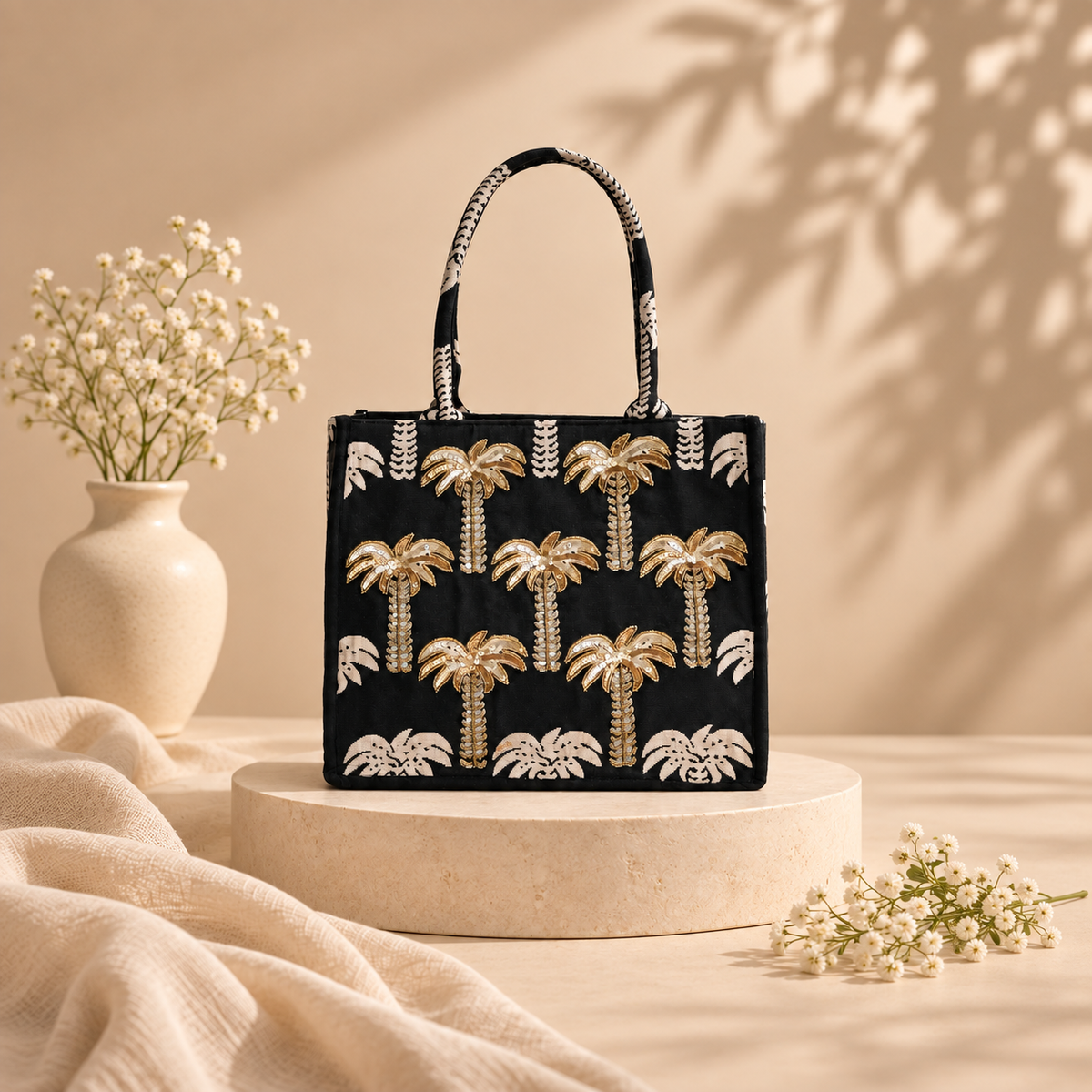 Golden Palm Sequin Embroidered Canvas Tote Bag