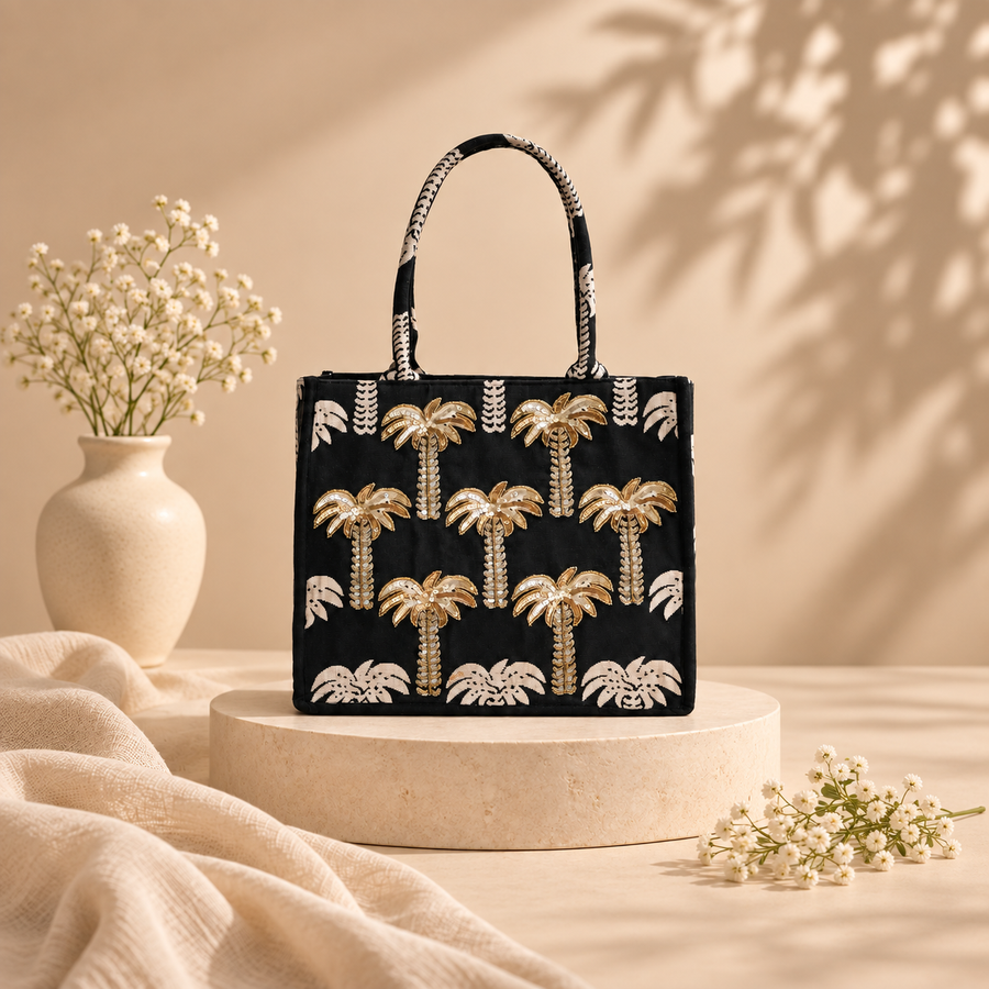 Golden Palm Sequin Embroidered Canvas Tote Bag