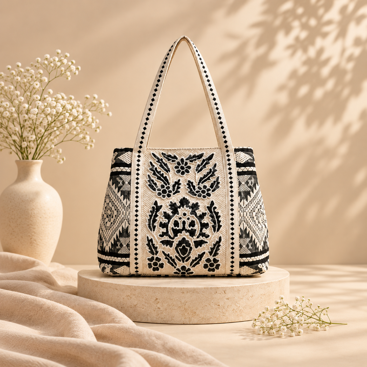 Hand-Beaded Embroidery Tote Bag - Aztec Print (Black)