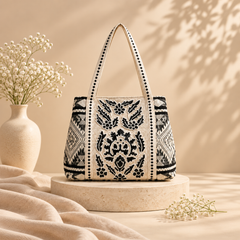Hand-Beaded Embroidery Tote Bag - Aztec Print (Black)