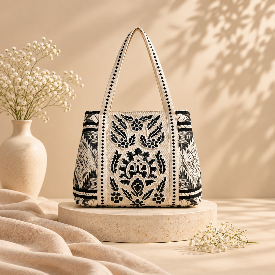 Hand-Beaded Embroidery Tote Bag - Aztec Print (Black)