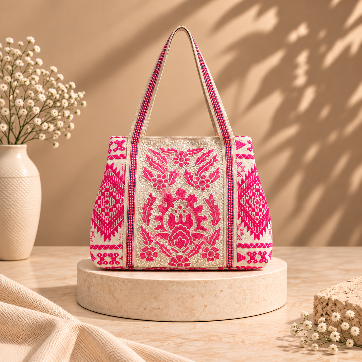 Bohemian Embellished Pink Tote Bag