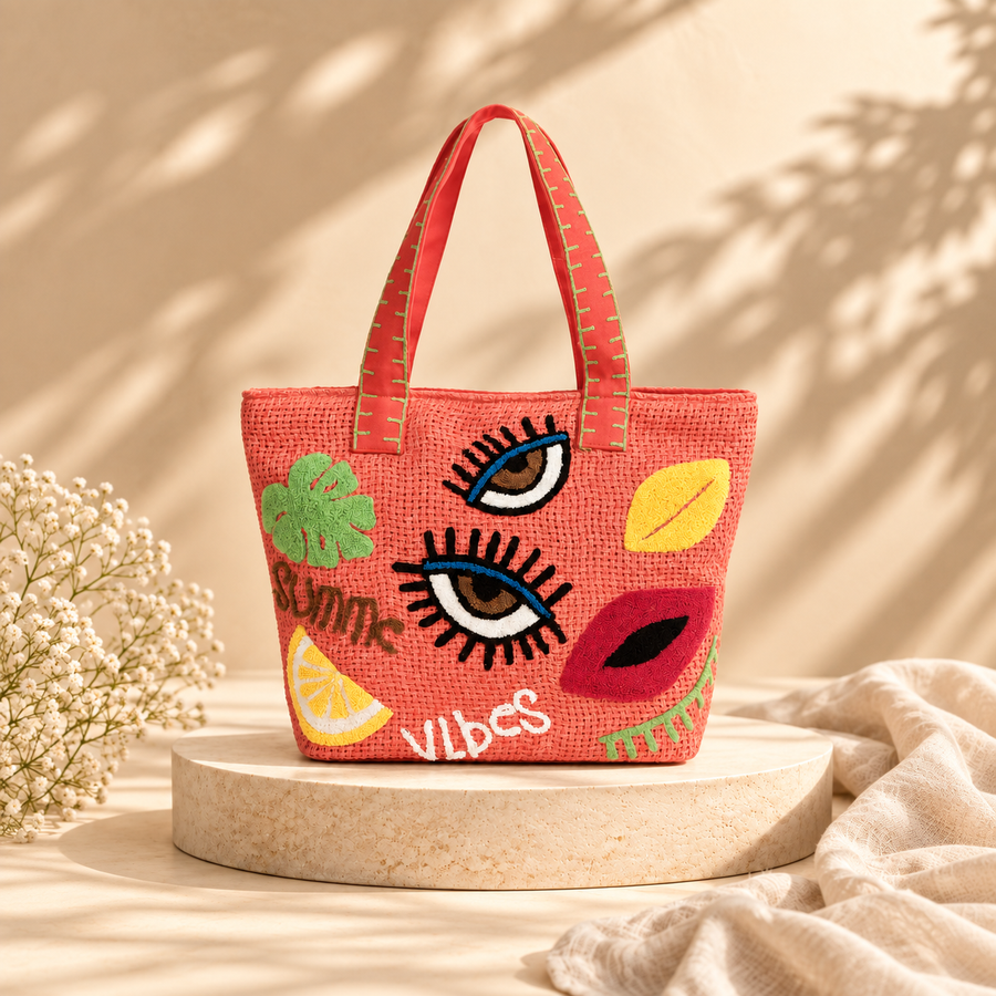 Natural Jute Summer Vibes Embroidered Tote Bag